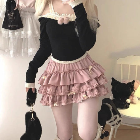2025 Summer New Versatile Women's Clothing Blue Bow Lace Cake Tutu Mini Skirt Kawaii Pink Sweet Cute Thin A-line Skirts Ladies