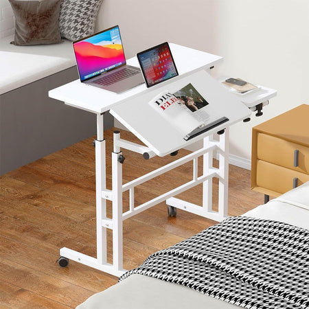 Mobile Desk With Folding Table Top, Height Adjustable Computer PC Table Workstation Laptop Stand with Rollers for Home Office