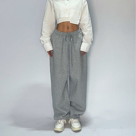 Oversize Woman Grey Black Sweatpants Y2K Korean Streetwear Loose Casual Jogger Pants High Waist All Match Drawstring Trousers