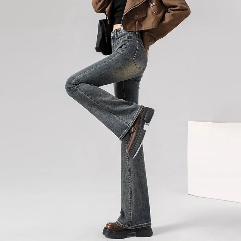Spring Woman High Waist Vintage Flare Jeans Girls Korean Y2k 2000s Bell Bottom Pants Female Streetwear Gray Blue Denim Trousers