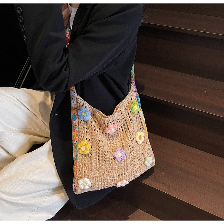 Women's Boho Crochet Bag Designer Flowers Knitted Handbags Large Capacity Summer Beach Woven Shoulder Bag Girls Tote Shopper Bag
