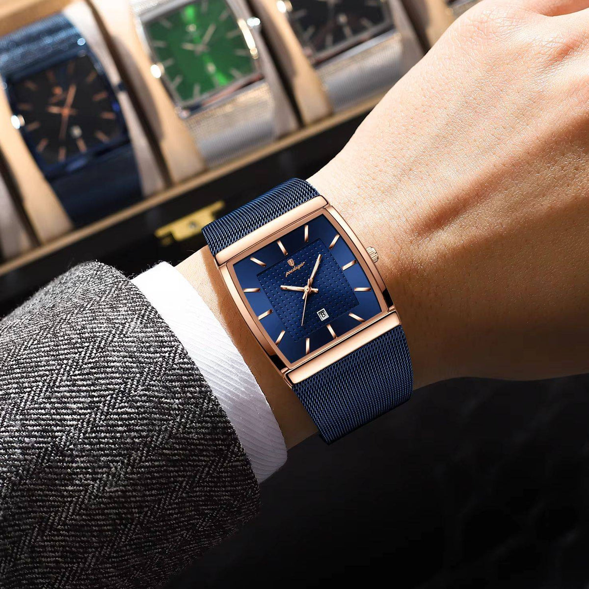 POEDAGAR Top Luxury Men Watch Stainless Steel Mesh Date Waterproof Luminous Man Wristwatch Casual Rectangle Quartz Men's Watches