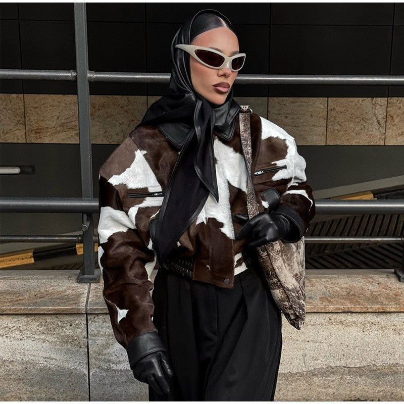 Fashion Women's Cow Print Jacket Lapel Collar Short Length Zipper Button Coats 2025 Autumn Winter Female Trendy Warm Outerwear