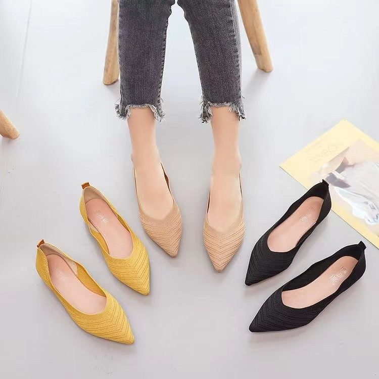 Women Pointed Toe Flat Shoes 2025 New Solid Color Knitted Slip on Shoes Casual Breathable Ballet Flats Women Flat Loafers Shoes