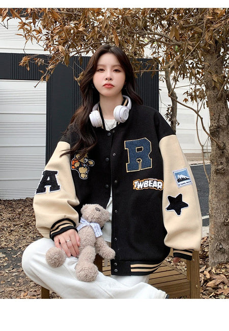 New Autumn and Winter Padded Baseball Jersey Women American Retro Loose Sweater Women Jacket