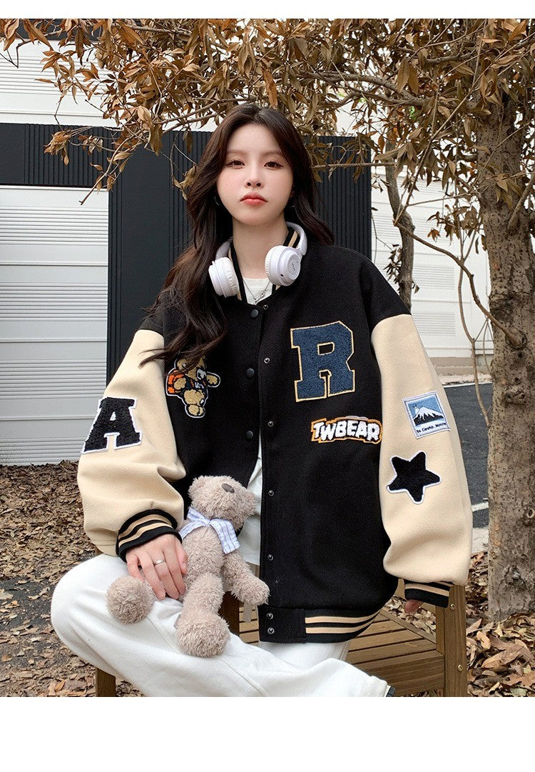 New Autumn and Winter Padded Baseball Jersey Women American Retro Loose Sweater Women Jacket