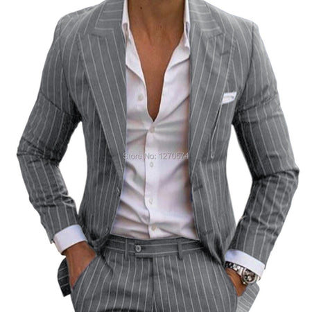 Slim Fit Pinstripe Smoking Suit for Men Peaked Lapel Tuxedo 2-Piece Blazer And Pants Wedding Groomsmen Formal Wear