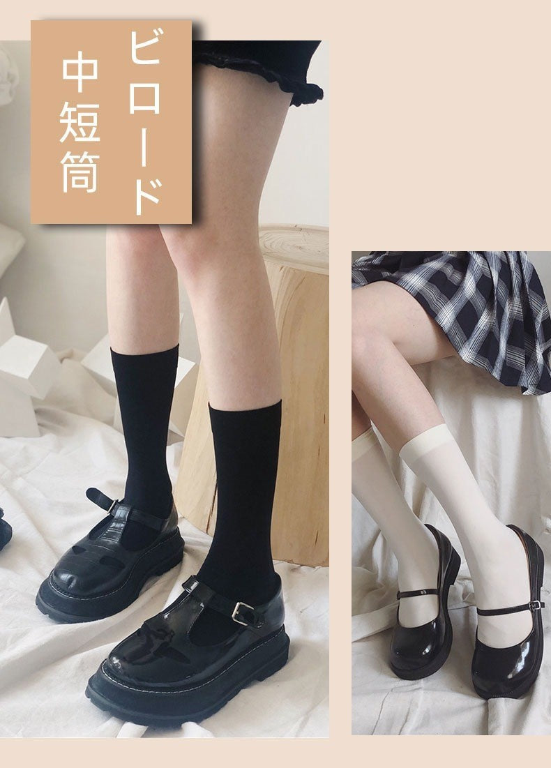JK Women Black White Knee High Lolita Socks Lady Girls Over Knee Cute Long Sock Thin Breathable Solid Color Stockings For Women