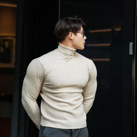 New Men's Turtleneck Sweaters Autumn Knitted Striped Streetwear Warm Long Sleeved Pullover Solid Color Basic Style Casual Tops