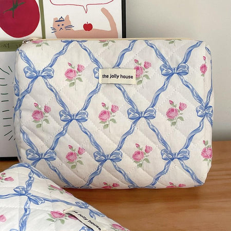 Cute Bow Flower Cloth Handbag Quilting Cotton Makeup Bag Women Zipper Cosmetic Organizer Portable Toiletry Case for Girls