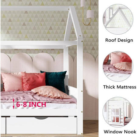 Aoowow Twin Size Kids House Bed with 2 Drawers, Wooden Twin Bed Frame with Window and Roof for Bedroom, Modern Twin Size Kid Pla