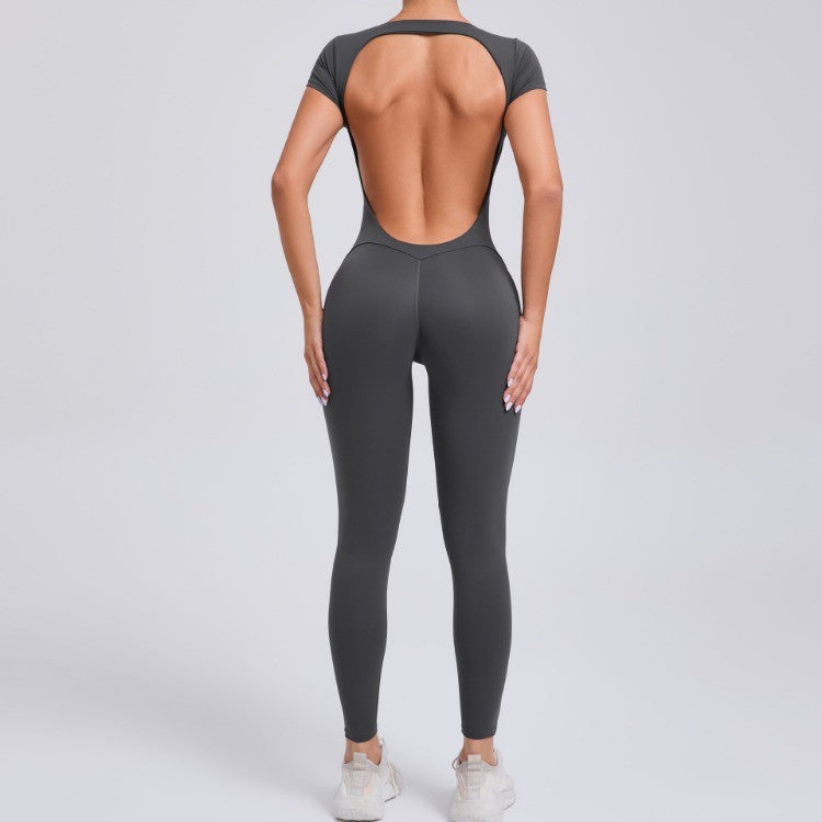 Seamless Yoga Jumpsuits Sports Fitness Hip-lifting Short-sleeved Backless One-piece Workout Gym Leggings Tracksutis for Women