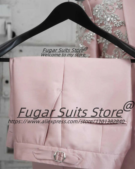 Fashion Pink Party Men Suits Customized  Gorgeous Shiny Rhinestone Groom Wedding Tuxedos 2Pcs Sets Male Prom Blazers Ropa Hombre