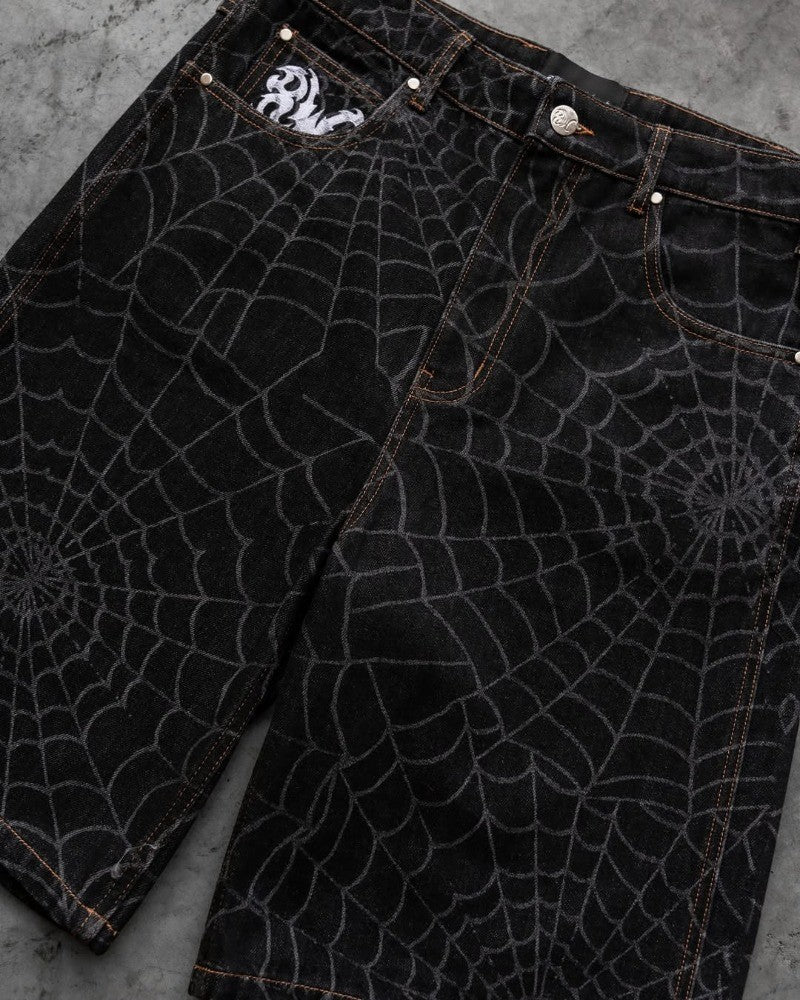 2025 New Street Hip-hop Retro Spider Web Fashion Loose Denim Shorts Men American Harajuku Y2K Casual Punk Straight Pants Women