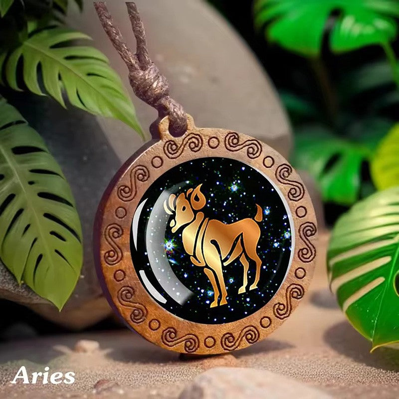 Vintage 12 Zodiac Sign Glass Wooden Necklace Adjustbale Long Rope Chain Necklace Constellation Jewelry