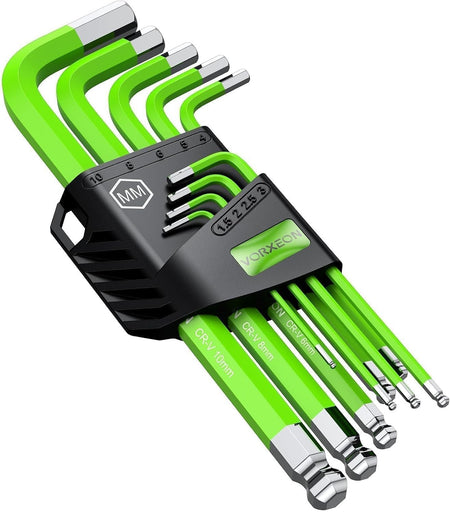 9 PCS Green Allen Wrench Hex Key Set 1.5-10 mm Metric Flat and Ball End Chrome Vanadium Steel and S2 Steel L-key For DIY Repair