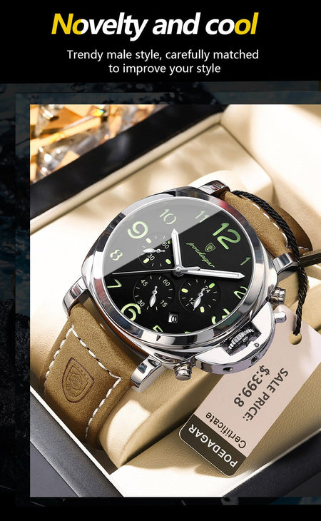 POEDAGAR Luxury Military Watch For Men Waterproof Luminous Leather Man Watch Quartz High Quality Men's Sports Watches Male Reloj