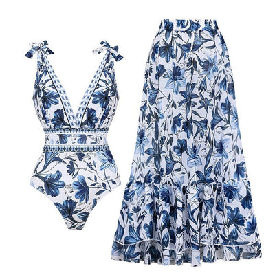 Bikinis De Mujer 2025 V Neck Lace Up Printed One Piece Swimsuit and Skirt Sexy Beach Outfits Women Es De Baño 2024 Mujer