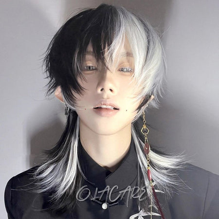 OLACARE Short Mullet Head Wigs with Bangs Synthetic Straight Anime Men Black White Gray Green Hair Wig for Daily Party Cosplay
