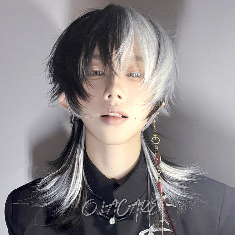OLACARE Short Mullet Head Wigs with Bangs Synthetic Straight Anime Men Black White Gray Green Hair Wig for Daily Party Cosplay