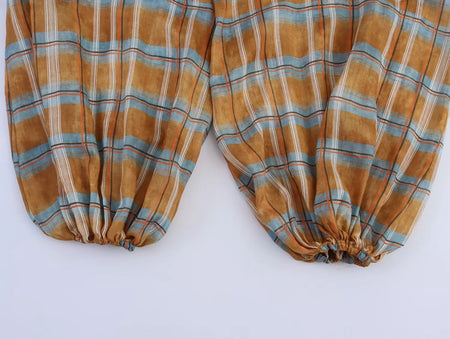 Women's 2025 Autumn Fashion Versatile Ramie Bloomers Plaid Printed Loose Pants Female High-Waist Drawstring Casual Trousers