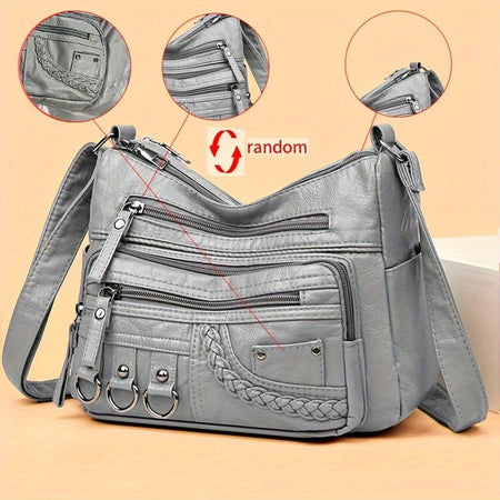 Vintage PU Crossbody Bag, Retro Multi Layer Shoulder Bag, Women's Fashion Handbag & Purse, Female Work Travel Messenger Bag