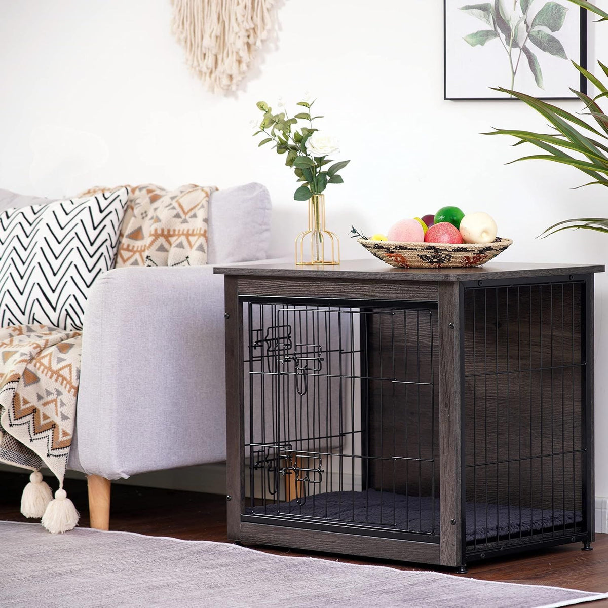 Dog Crate Furniture with Cushion, Wooden Kennel Table, Double Doors, Indoor Dog House, Small to XL, 27.2' L, Dark Gray