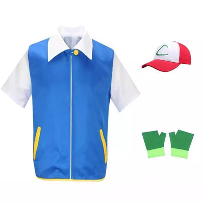 Men's Anime Trainer Cosplay Costume, Adult Ash Ketchum Outfit with Blue Jacket, Cap and Gloves, Unisex Halloween Party Disfraz