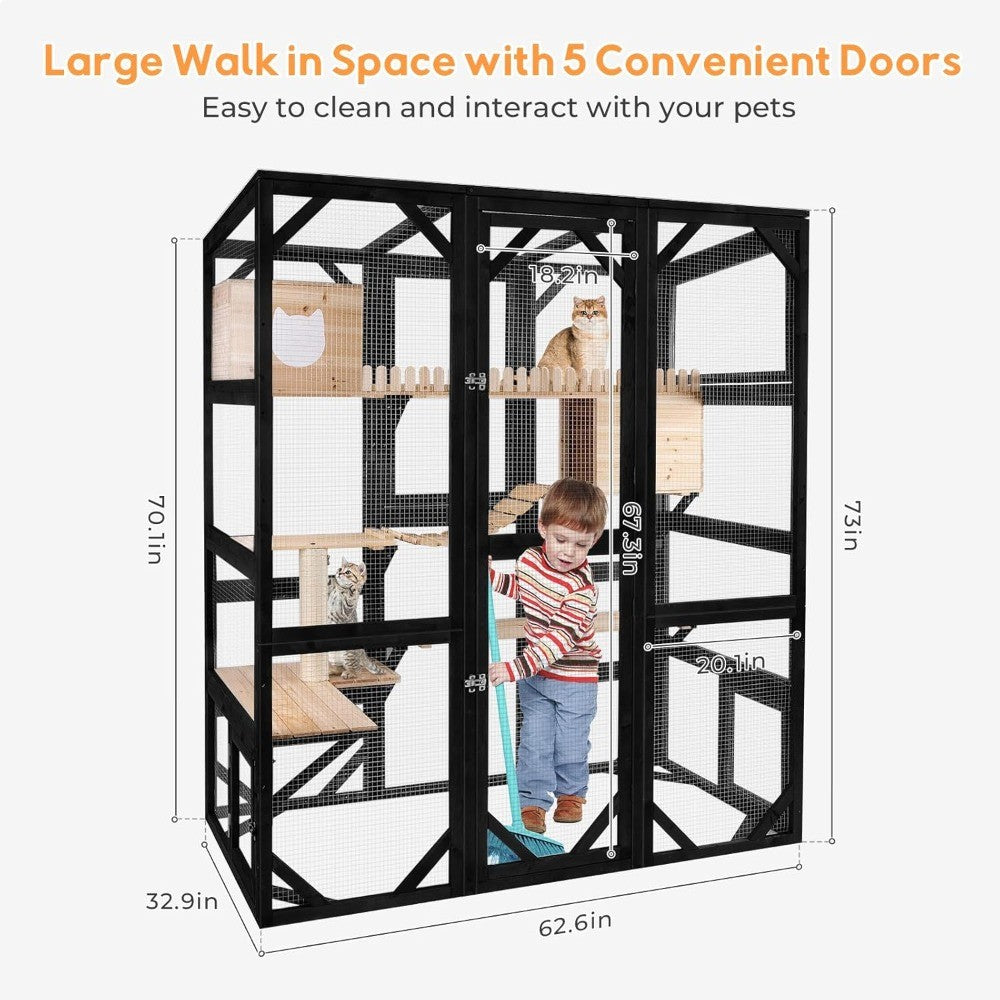 Large Cat Catio Outdoor Window Enclosure 73" Wooden Cat House Attached to Window Catio for Cats Walk in Kitty Kennel with Large
