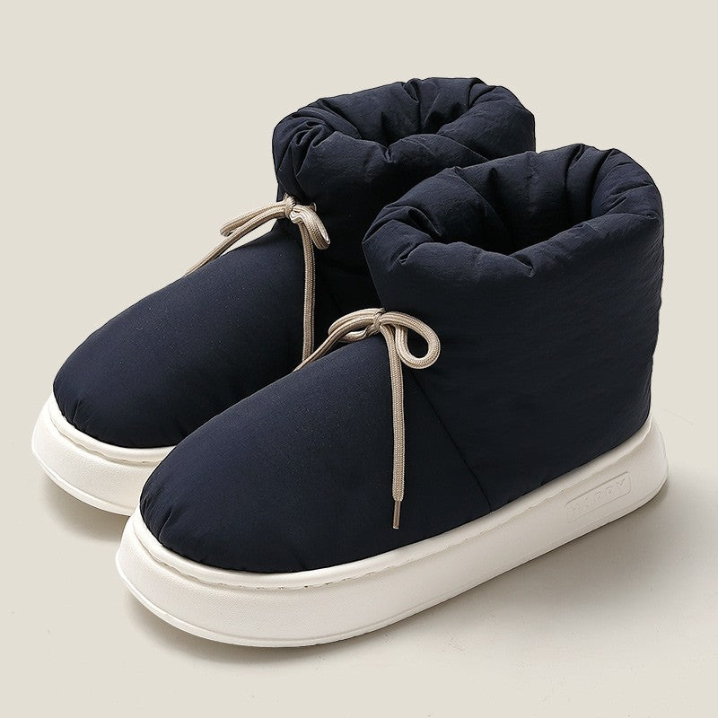 Winter Warm Thick Furry Women Ankle Boots Indoor Lace-up Plush Slippers Ladies Men Home Cotton Shoes