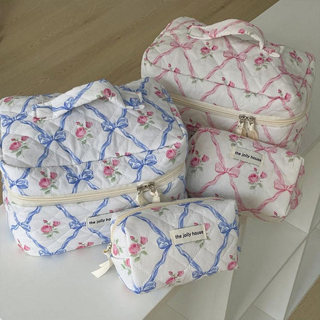 Cute Bow Flower Cloth Handbag Quilting Cotton Makeup Bag Women Zipper Cosmetic Organizer Portable Toiletry Case for Girls