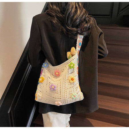 Women's Boho Crochet Bag Designer Flowers Knitted Handbags Large Capacity Summer Beach Woven Shoulder Bag Girls Tote Shopper Bag
