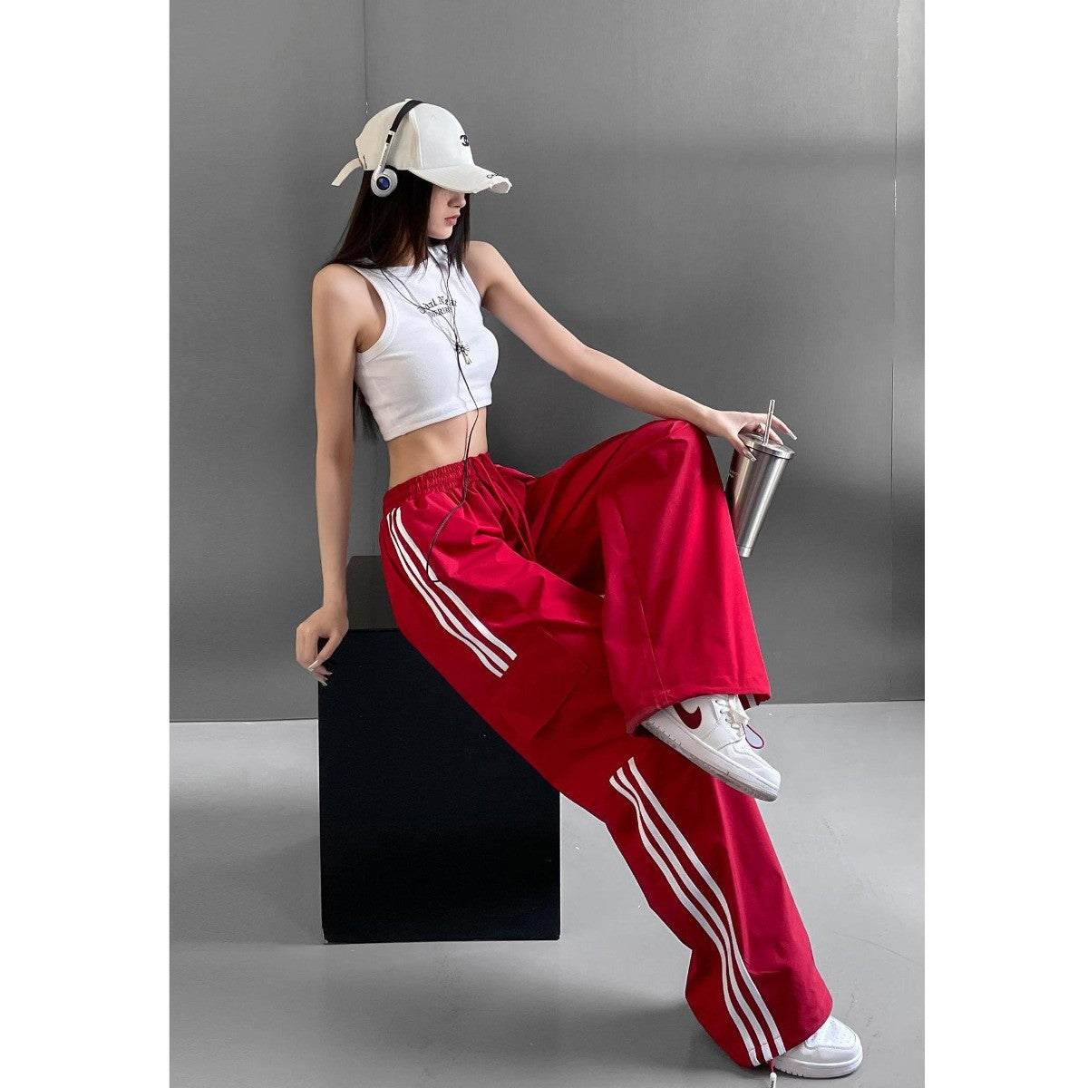 Women Casual Baggy Stripe Cargo Pants Solid Low Waist Joggers Pants Drawstring Wide Leg Baggy Trousers Y2K Streetwear Sweatpants