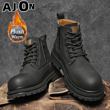 New winter men's shoes rain boots motorcycle leather shoes plush warm outdoor leisure high-top lace-up women's boots