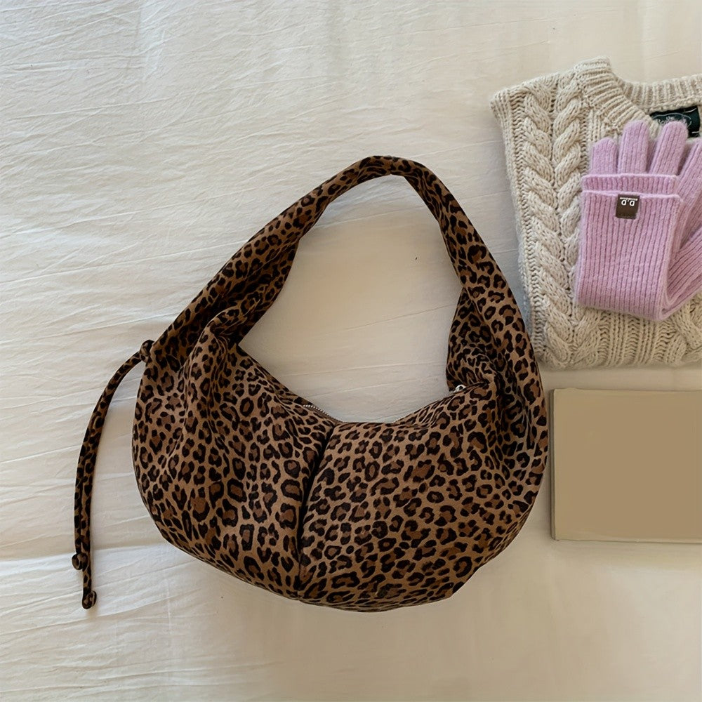 Retro Suede Leopard Print Saddle Bag for Women, Trendy Autumn and Winter Fashion, Underarm Bag, Large Capacity Handbag
