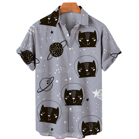2024 Cat Pattern Hot Sale 3D Printed Hawaiian Shirt Men's Vacation Beach Short Sleeve Fashion Large Size Affordable Good Top