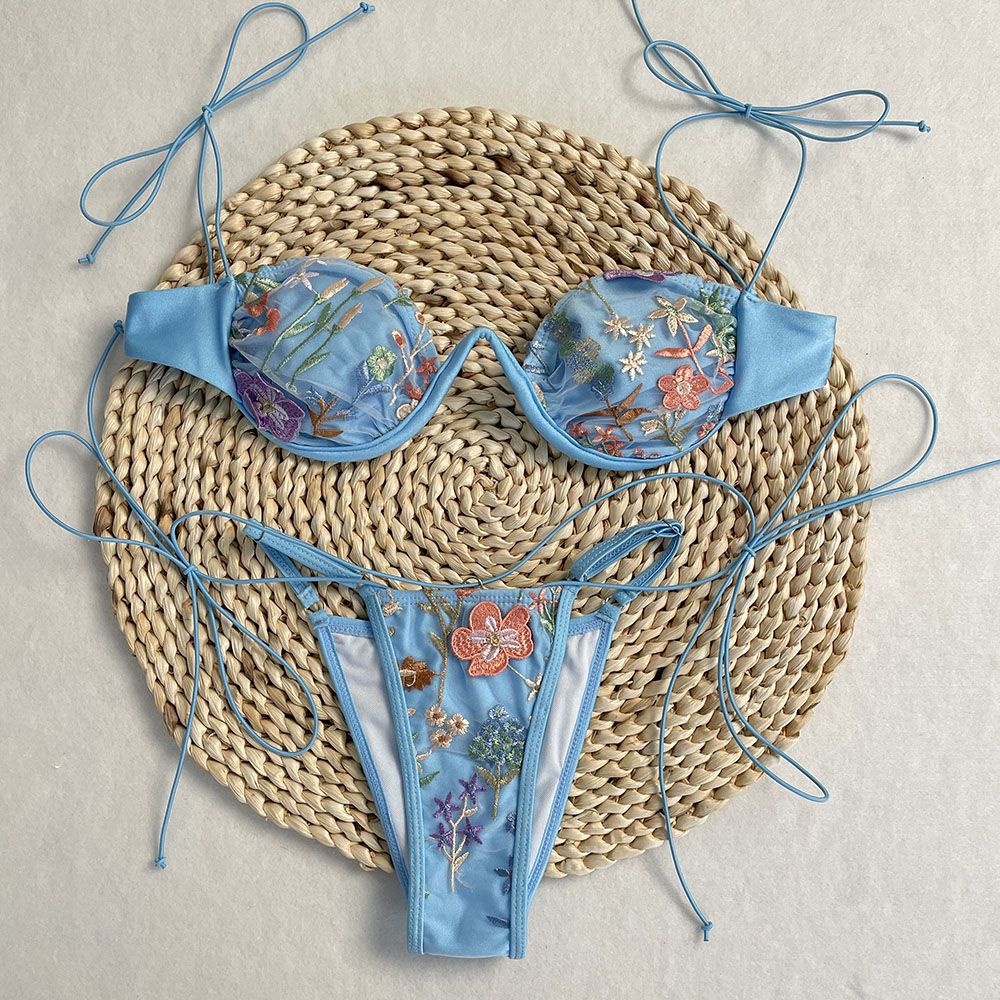 DEBAIOR 2025 Women Bikini Set Floral Embroidery Lingerie Set Women Sheer 2-Piece Boho Bra + Panty Underwear Set Intimates