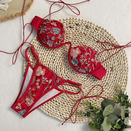 DEBAIOR 2025 Women Bikini Set Floral Embroidery Lingerie Set Women Sheer 2-Piece Boho Bra + Panty Underwear Set Intimates