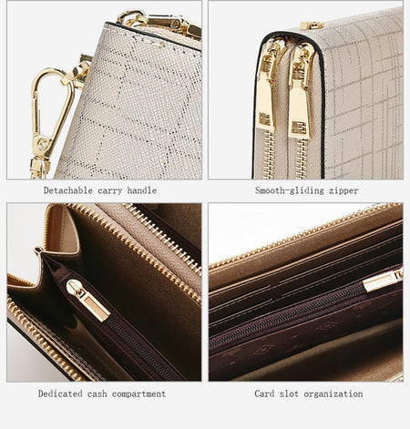FOXER Split Leather Lady's Wallet Bifold Long Clutch Bag with Wristlet Fashion Card Holder Coin Purse Cellphone Money Bag
