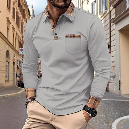 New  men's casual spring and fall fashion plaid lapel long sleeve pocket comfortable party outdoor top polo shirt