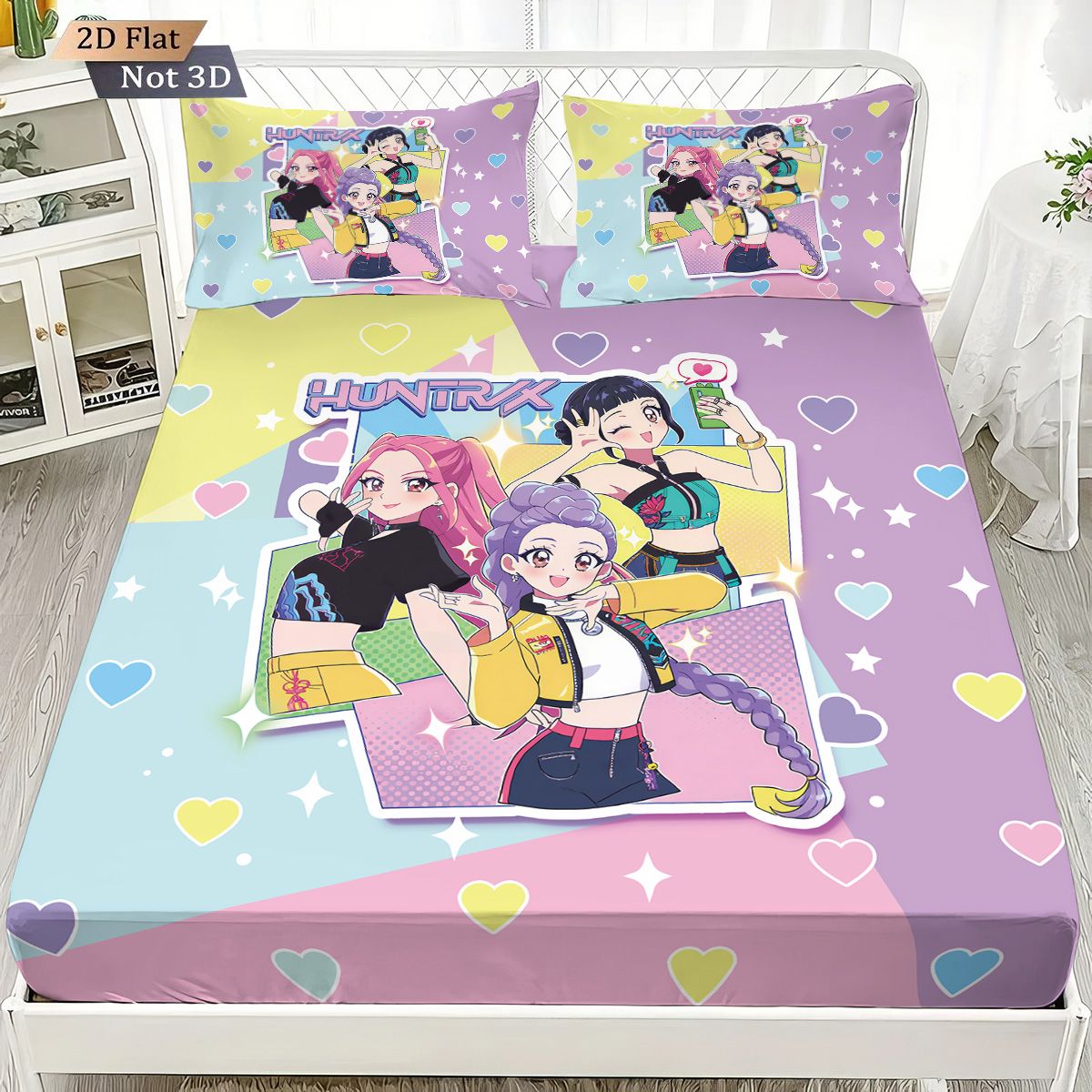 3pcs K-Pop Demon Hunters Printed Chipless Bed Sheet Set Multi Size Soft Bed Cover Bedroom Bedding Decoration Machine Washable