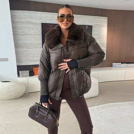 Vintage Women's Fur Coat Elegant Furs Collar Puffer Thicken Full Sleeve Jacket With Furs Female 2025 Autumn Winter Woman Coats