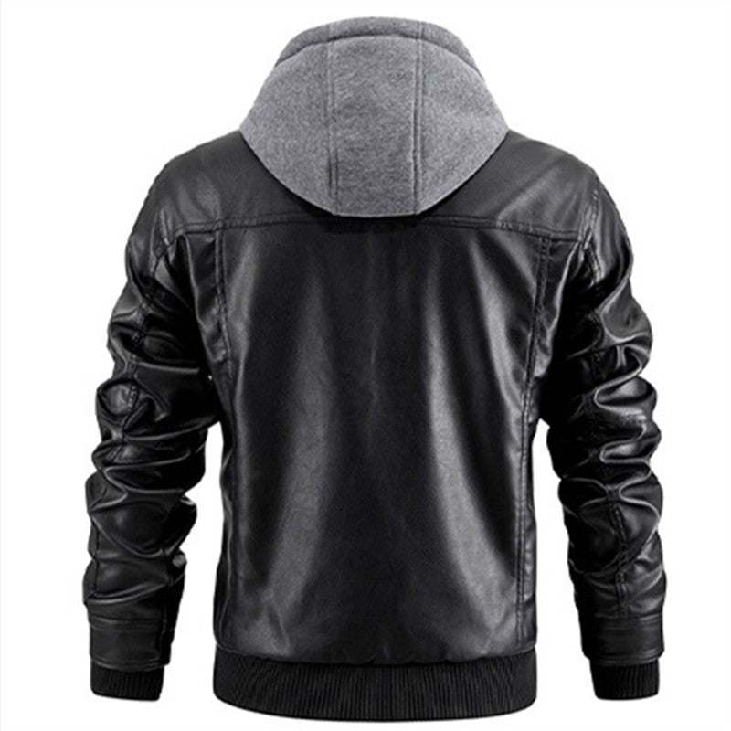 Men's PU Leather Jacket Hooded Motorcycle Slim Fit Casual Coats Men Autumn Winter Windproof Hat Detachable Biker Leather Outwear