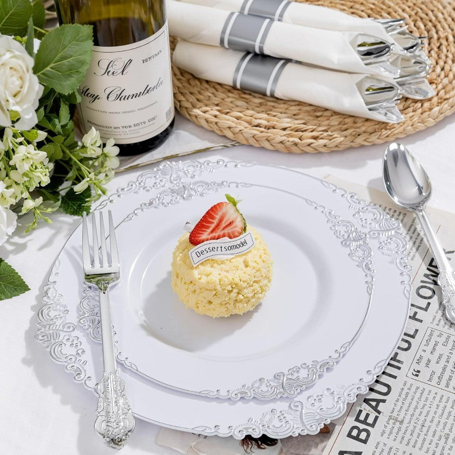 350PCS Silver Plastic Plates and PreRolled Napkins for 50 Guests Disposable Dinnerware Set with 100 Silver Disposable Plates 15