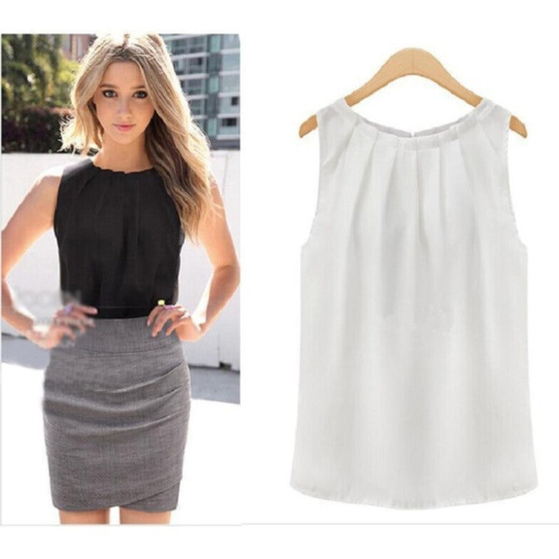Travel Work Blouse Women New Summer Blouse Fashion Sleeveless Round Neck Chiffon Blouse Cloth Vestidos