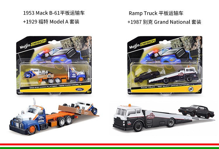 Maisto 1:64 International Durastar Flatbed Truck 1990 Mercedes Benz 190e 190 E Set Of Realistic Alloy  Towing Trailer Car Model