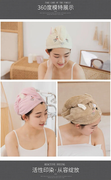 Cute Soft Microfiber Towels Shower Cap Towel Bath Hats Dry Hair Cap Quick Drying Cat Hat for Women Lady Turban Head Girl Towel