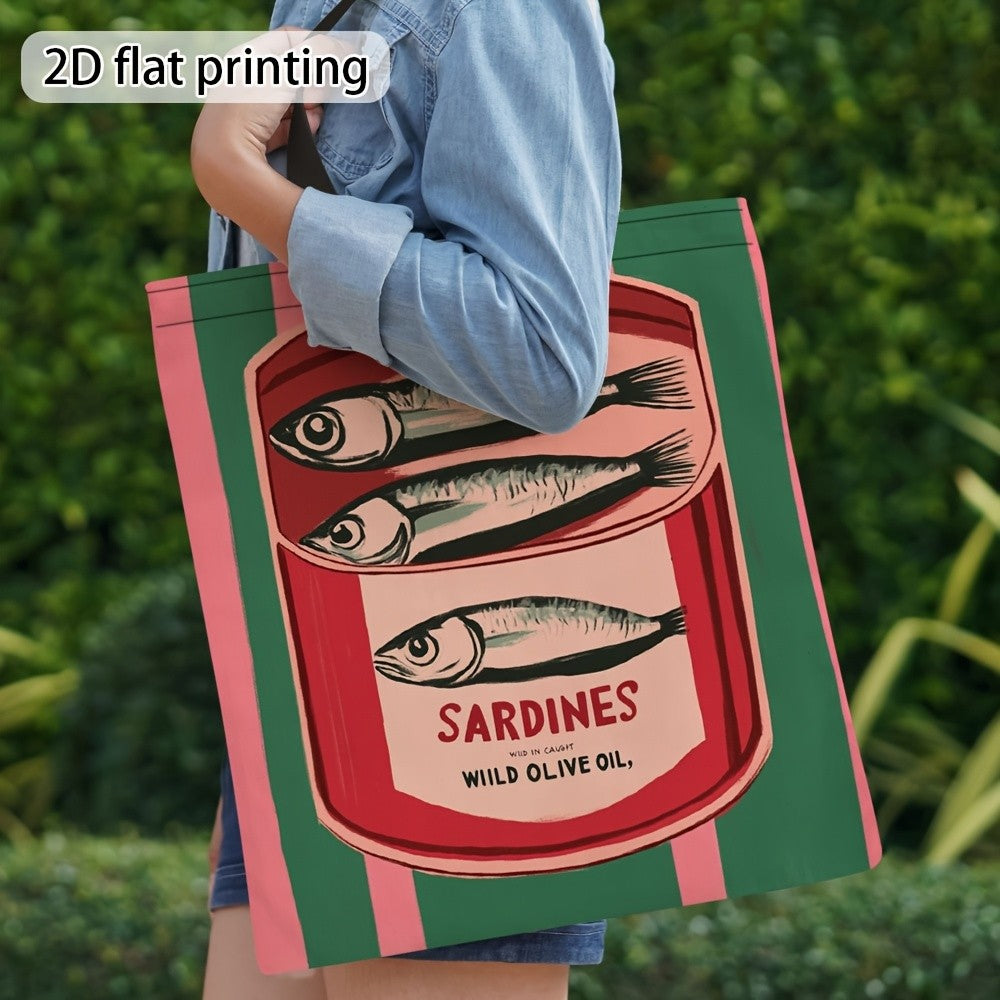 1pc Canned Sardines Durable Polyester Tote Bag - High-Quality Printed Design, Ideal for Work, Travel