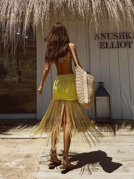 Swimsuit 3 Pcs Set with Tassel Skirt Bikini Women Swimsuit Button High Waist Swimwear Bathing Suit Beachwear Biquini