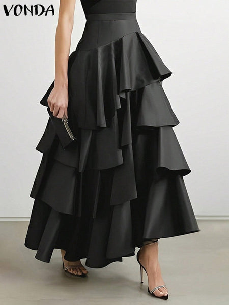 VONDA Plus Size Women Party Skirt 2024 Street High Waist Fashion Multi Layered Ruffled Hem Long Maxi Skirts Elegant Swing Bottom